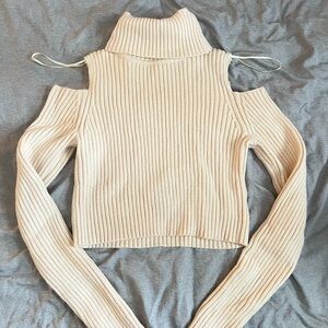 Cream Ribbed Turtleneck Cold Shoulder Sweater